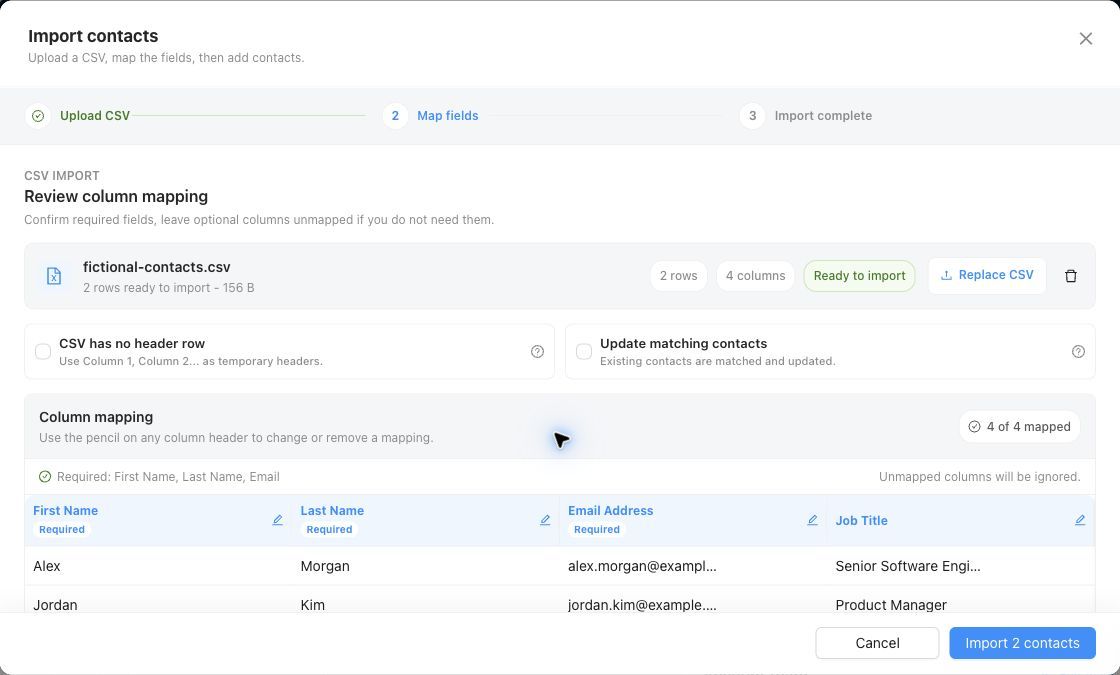 CVViZ company-contact CSV preview showing two fictional contacts, four mapped columns and the Import 2 contacts button.